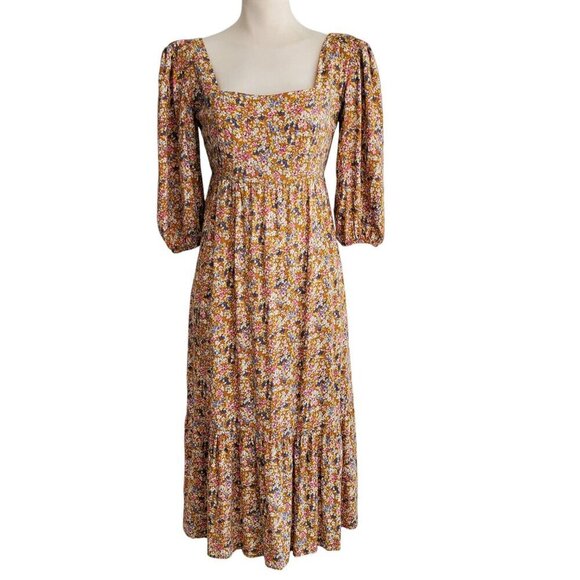 SO Dresses & Skirts - SO Cabin Fever Mustard Multi Floral Midi Dress Tiered Ruffle Hem Cottagecore M